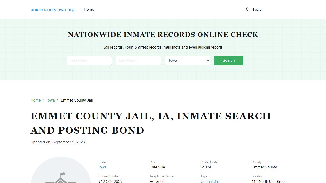 Emmet County Jail, IA, Inmate Search, Visitations - Union County, Iowa